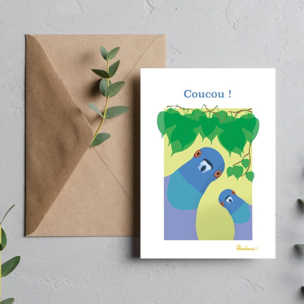 carte de voeux avec deux pigeons biset curieux qui viennent nous dire Coucou