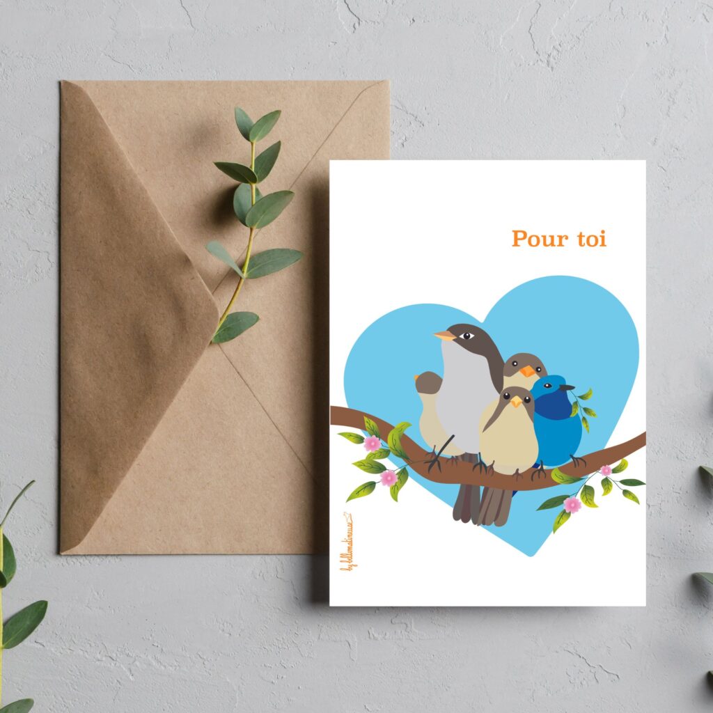 carte de voeux avec le message Pour toi : une famille de mérions, 4 oisillons et la maman sur une branche fleurie