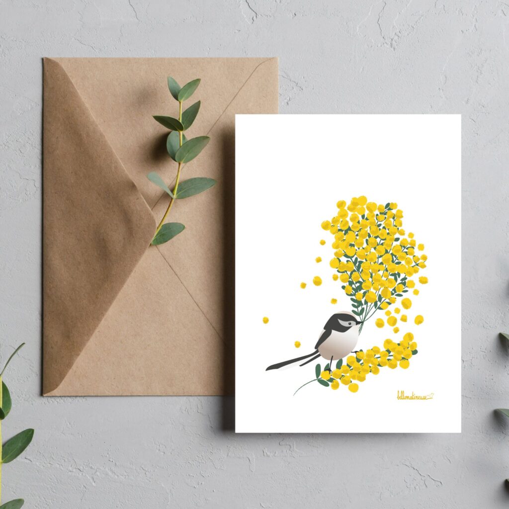 carte de voeux orite à longue queue et mimosa