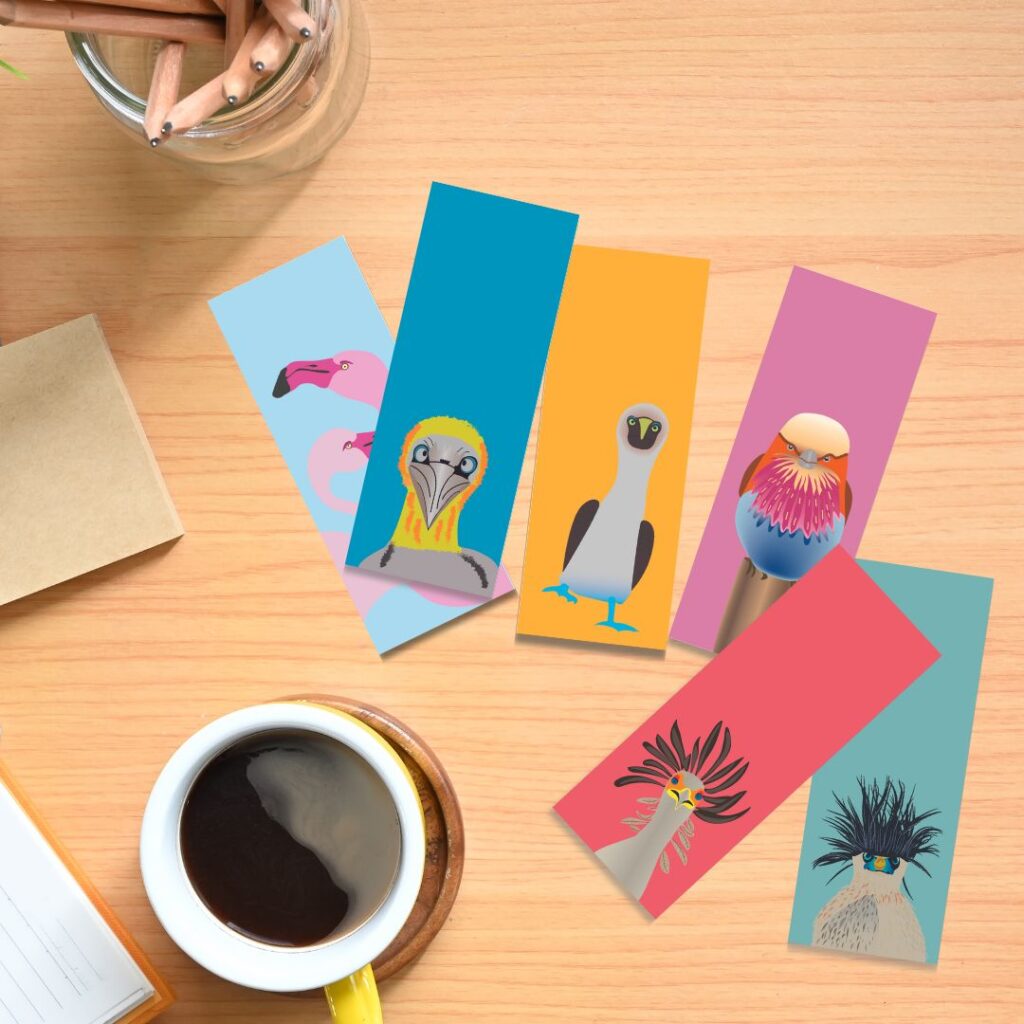 lot de 6 marque-pages colorés avec des oiseaux aux têtes amusantes et expressives
