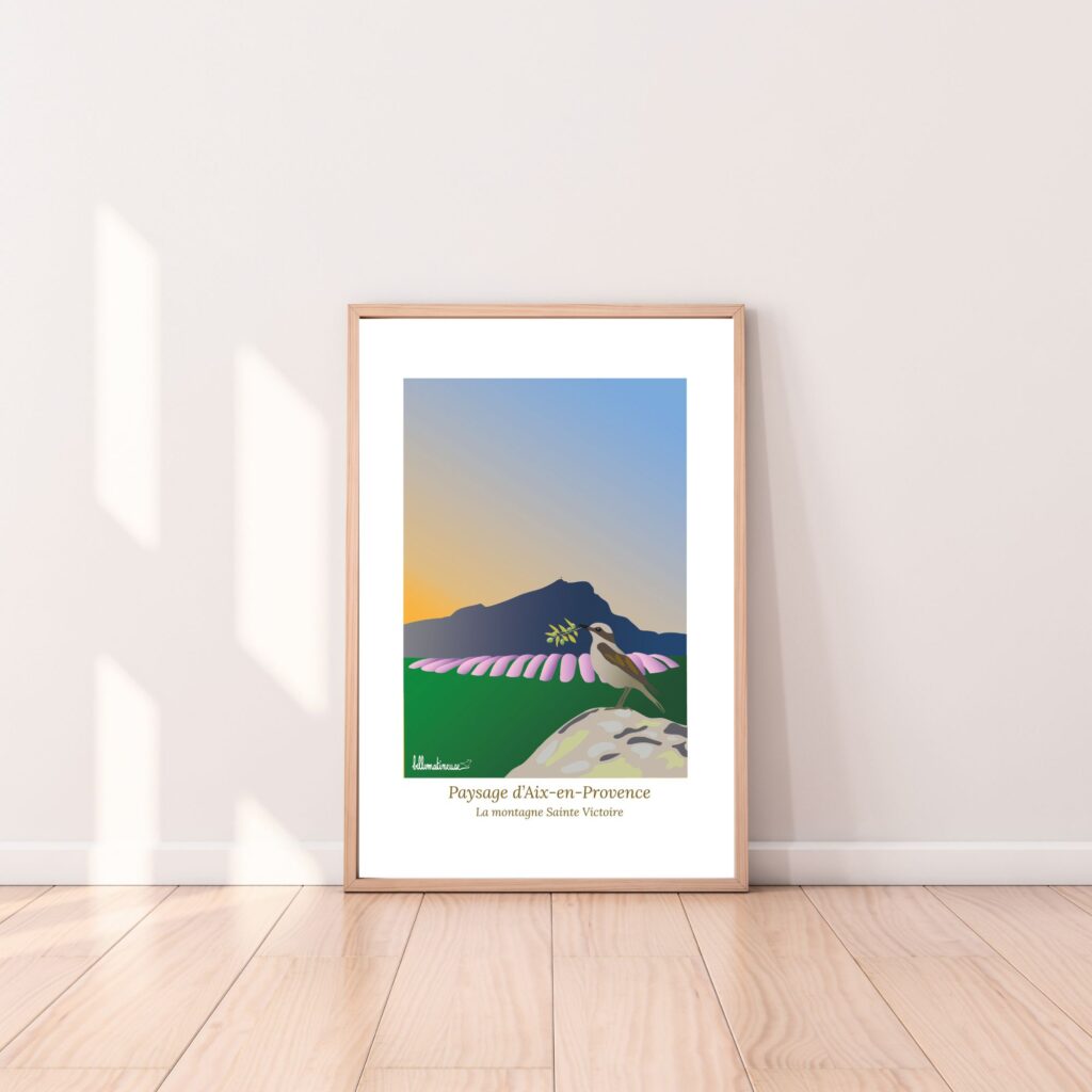 Affiche Paysage du Sud Aix en Provence Ste Victoire lavandes et traquet motteux