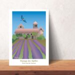 Affiche colorée Paysage du Sud St Paul de Mausole Alpilles, lavandes et rollier en vol
