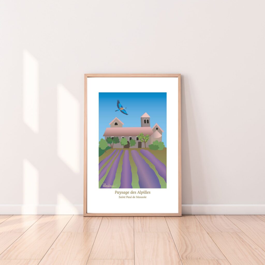 Affiche colorée Paysage du Sud St Paul de Mausole Alpilles, lavandes et rollier en vol