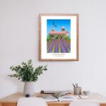 Affiche colorée Paysage du Sud St Paul de Mausole Alpilles, lavandes et rollier en vol