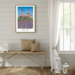 Affiche colorée Paysage du Sud St Paul de Mausole Alpilles, lavandes et rollier en vol