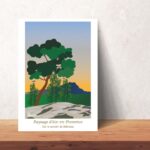 Affiche Paysage du Sud sentier de Bibemus à Aix en Provence à l'aube et mésanges huppées