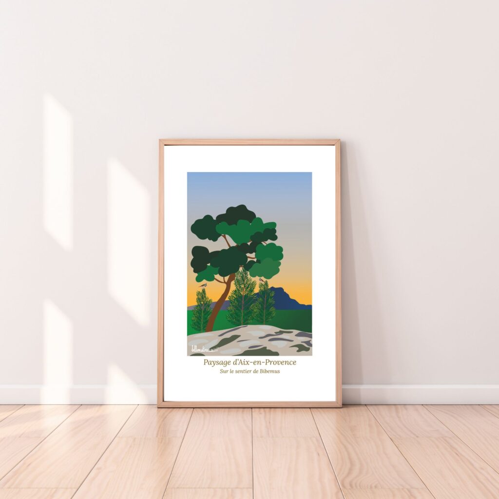Affiche Paysage du Sud sentier de Bibemus à Aix en Provence à l'aube et mésanges huppées