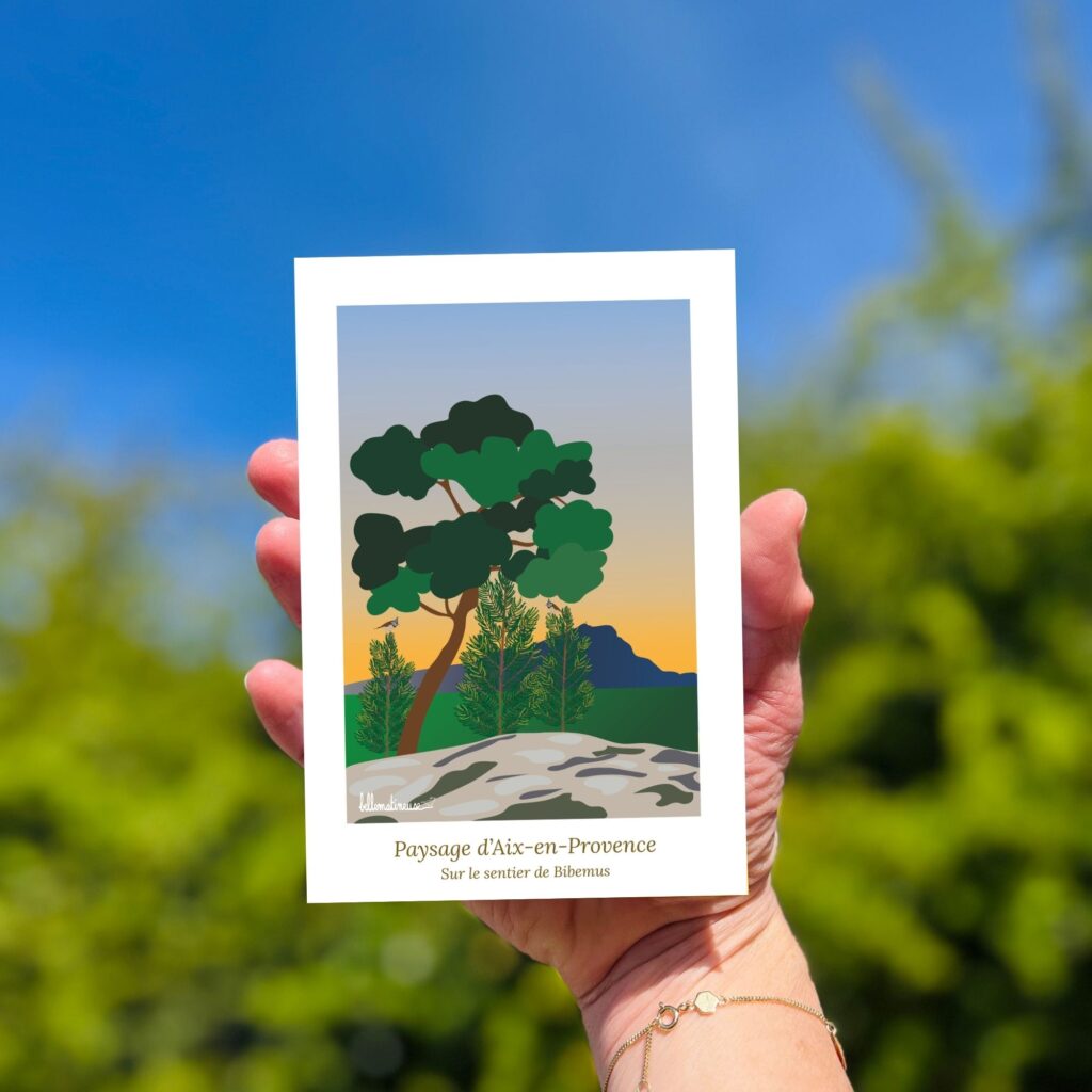 Illustration paysage du Sud vue sur la montagne Ste Victoire depuis le sentier de Bibemus à Aix en Provence oiseau mésange huppée lever du soleil