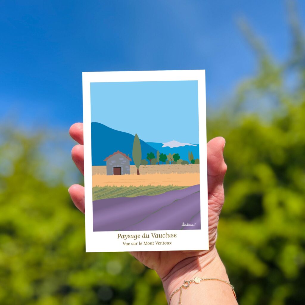 Carte avec une illustration du Mont Ventoux, lavandes et maison en pierre avec un grêpier posé sur le toit