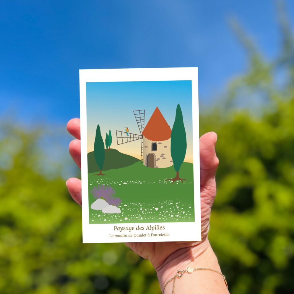 Illustration paysage du Sud dans les Alpilles le moulin de Daudet et oiseau guêpier lavandes