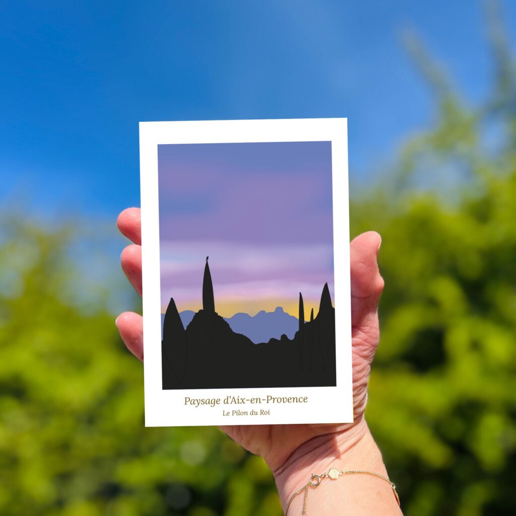 Illustration paysage du Sud vue sur le Pilon du Roi depuis Aix en Provence oiseau pie bavarde lever du soleil