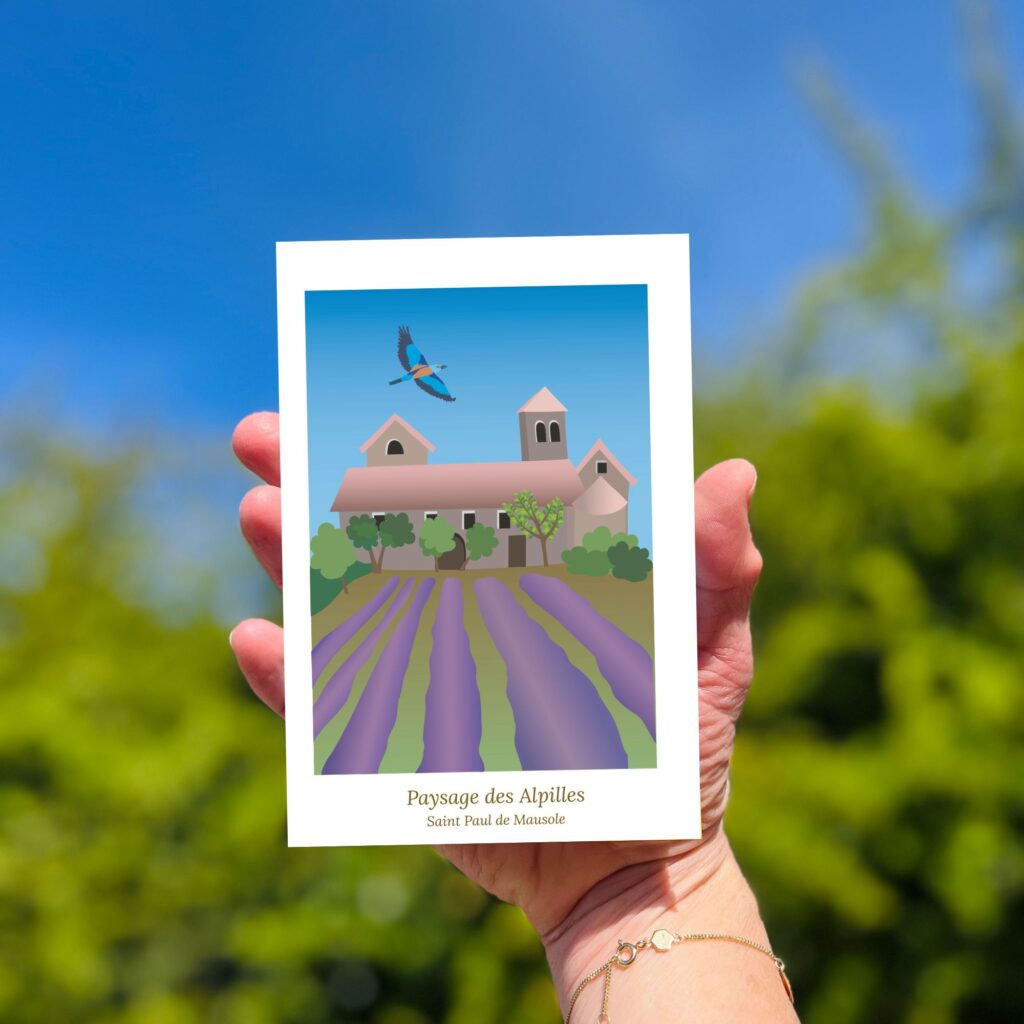 Illustration paysage du Sud dans les Alpilles St Paul de Mausole et champs de lavandes oiseau rollier en vol