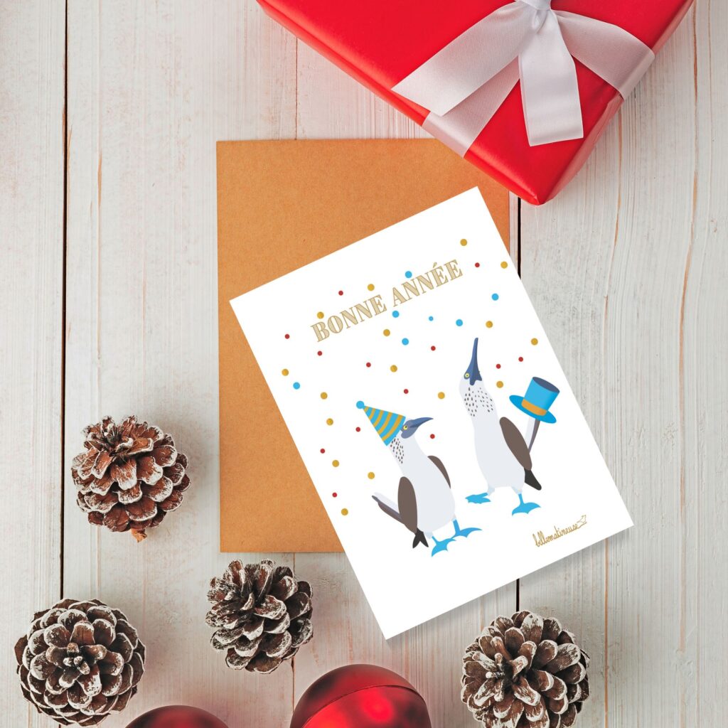 Carte de voeux Bonne année avec deux fous aux pieds bleus très amusants au chapeau haut de forme