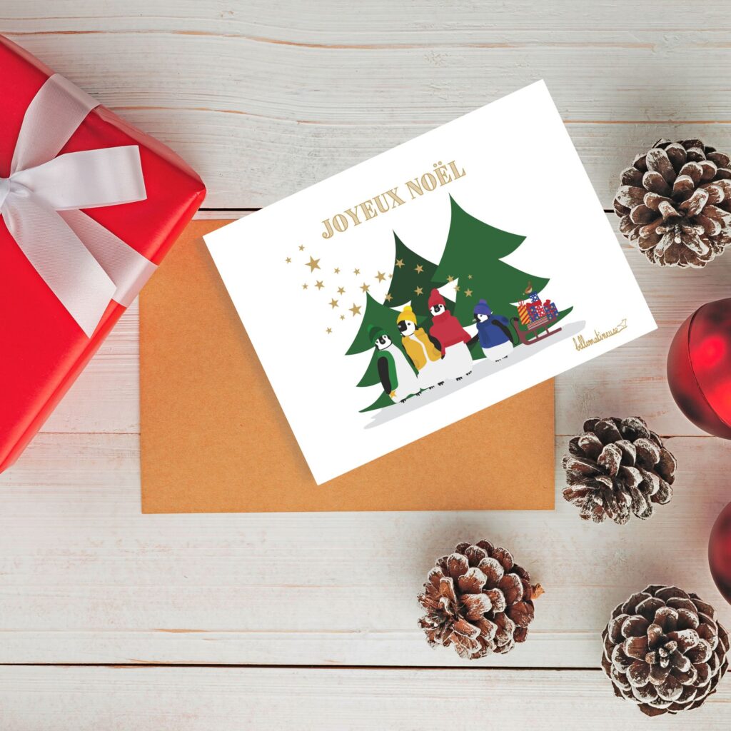 Carte Joyeux Noël avec 4 petits manchots et leur luge chargée de cadeaux