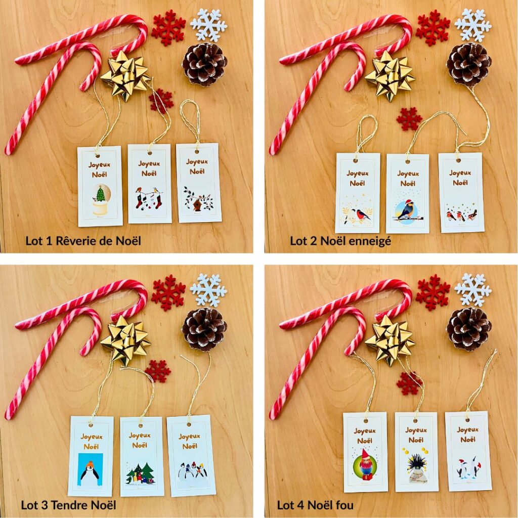 Etiquettes de Noël colorées, gaies et originales avec des oiseaux made in France