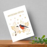 Carte Joyeuses fêtes deux bouvreuils colorés et gais