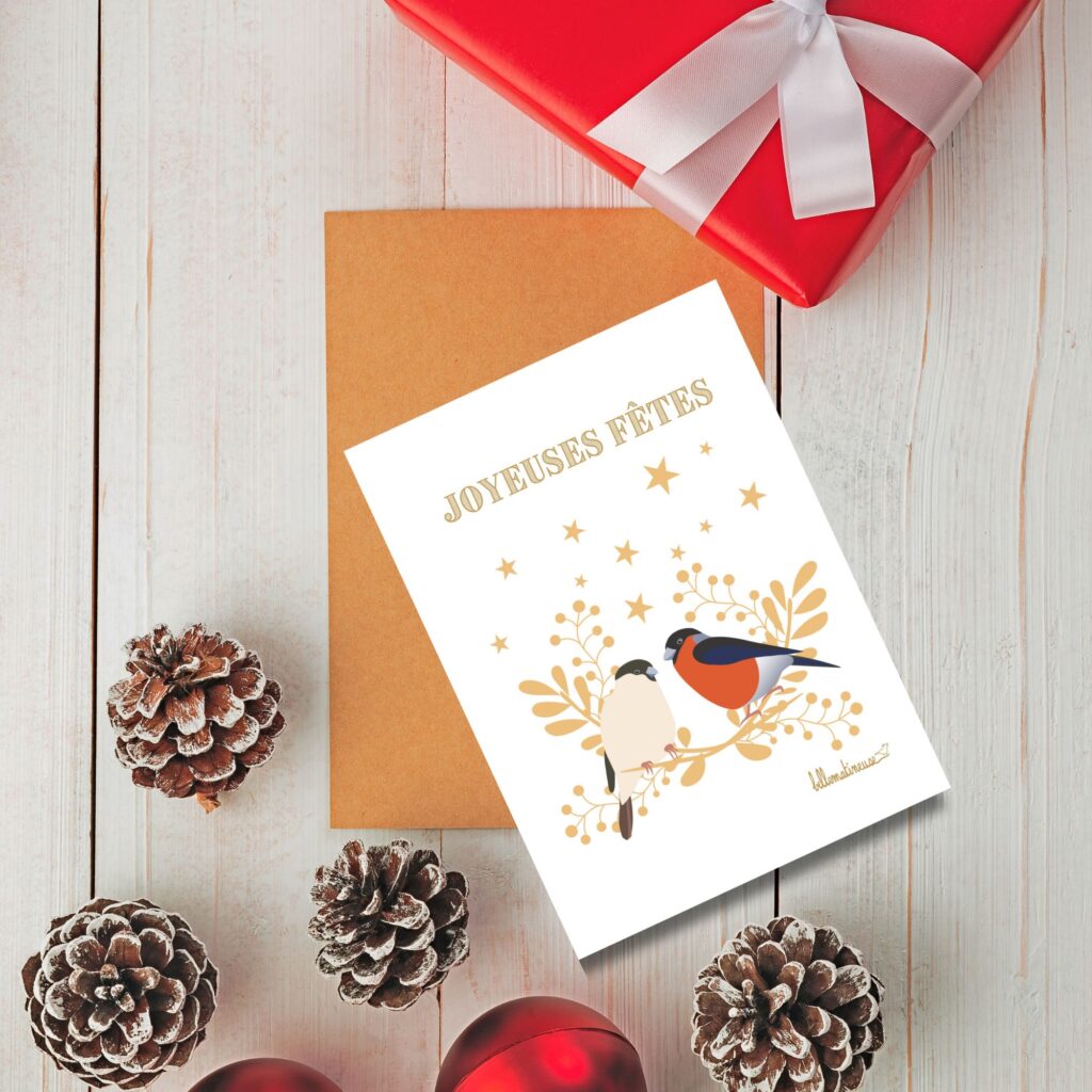 Carte Joyeuses fêtes deux bouvreuils colorés et gais