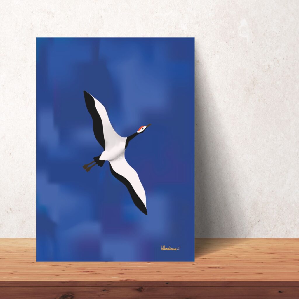 Affiche déco inspirante Grue du Japon en vol ciel bleu
