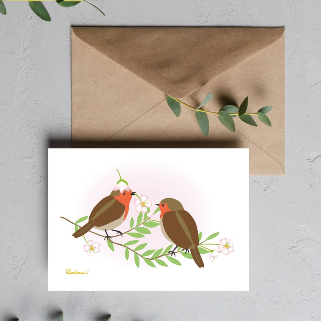 carte deux rouge-gorges fleur rose