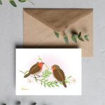 carte deux rouge-gorges fleur rose