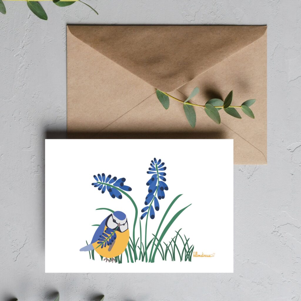 carte mésange bleue muscari