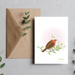 carte rouge-gorge chapeau fleur