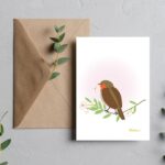 carte rouge-gorge fleur rose