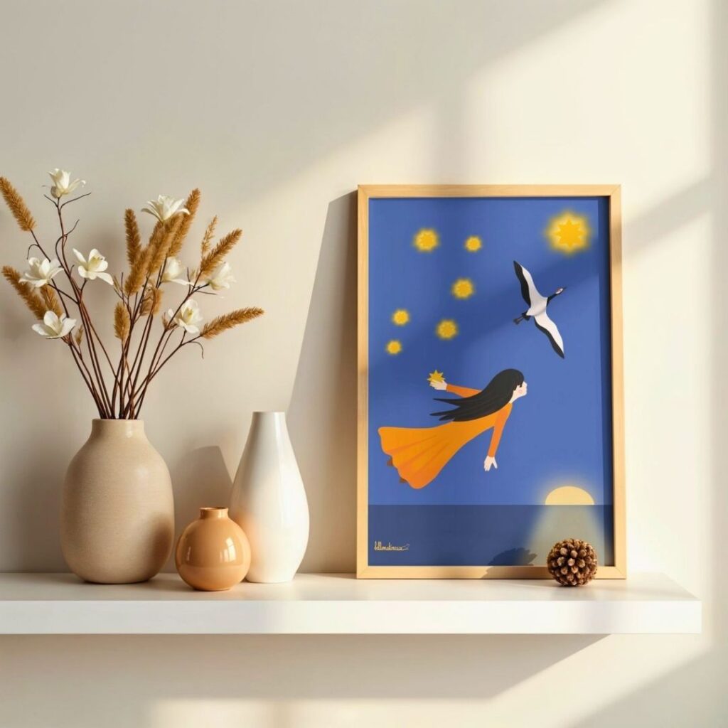 Affiche inspirante Décrocher les étoiles : fillette volant derrière une grue du Japon à la recherche d'étoiles à décrocher