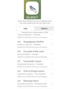 application BirdNET pour apprendre à reconnaître les oiseaux : résultats d'observation