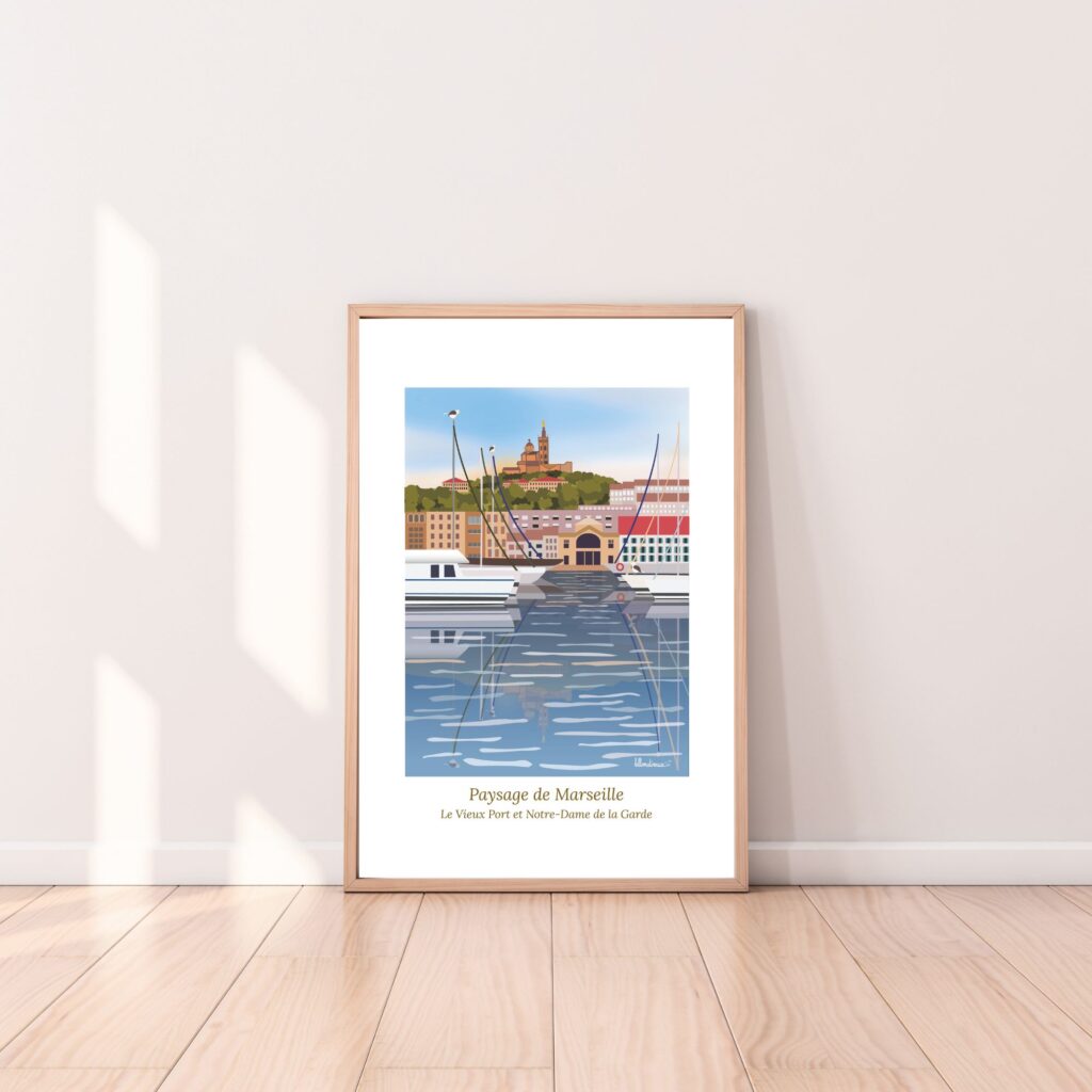 illustration de Marseille , le Vieux Port et Notre-Dame de la Garde, goélands posés sur les mats