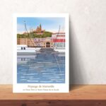 illustration de Marseille , le Vieux Port et Notre-Dame de la Garde, goélands posés sur les mats