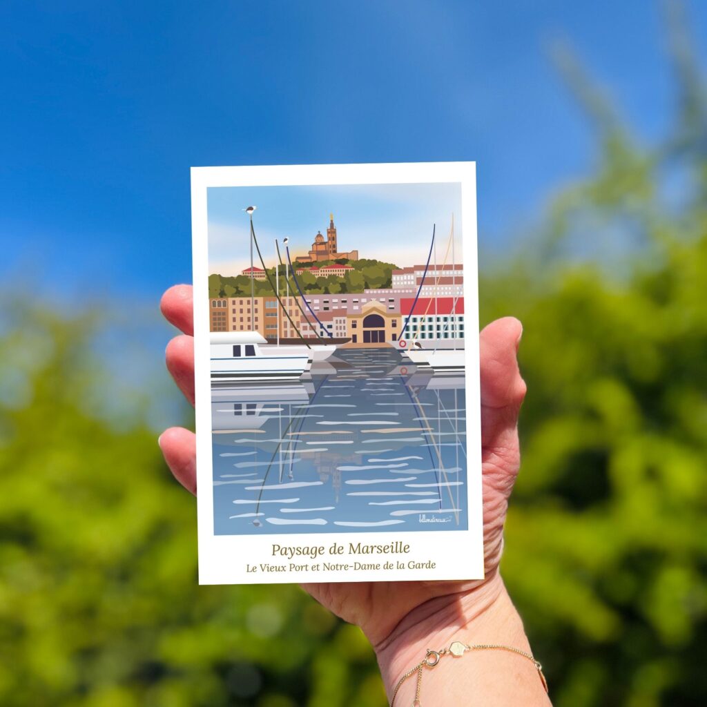 carte avec une illustration de Marseille , le Vieux Port et Notre-Dame de la Garde, goélands posés sur les mats